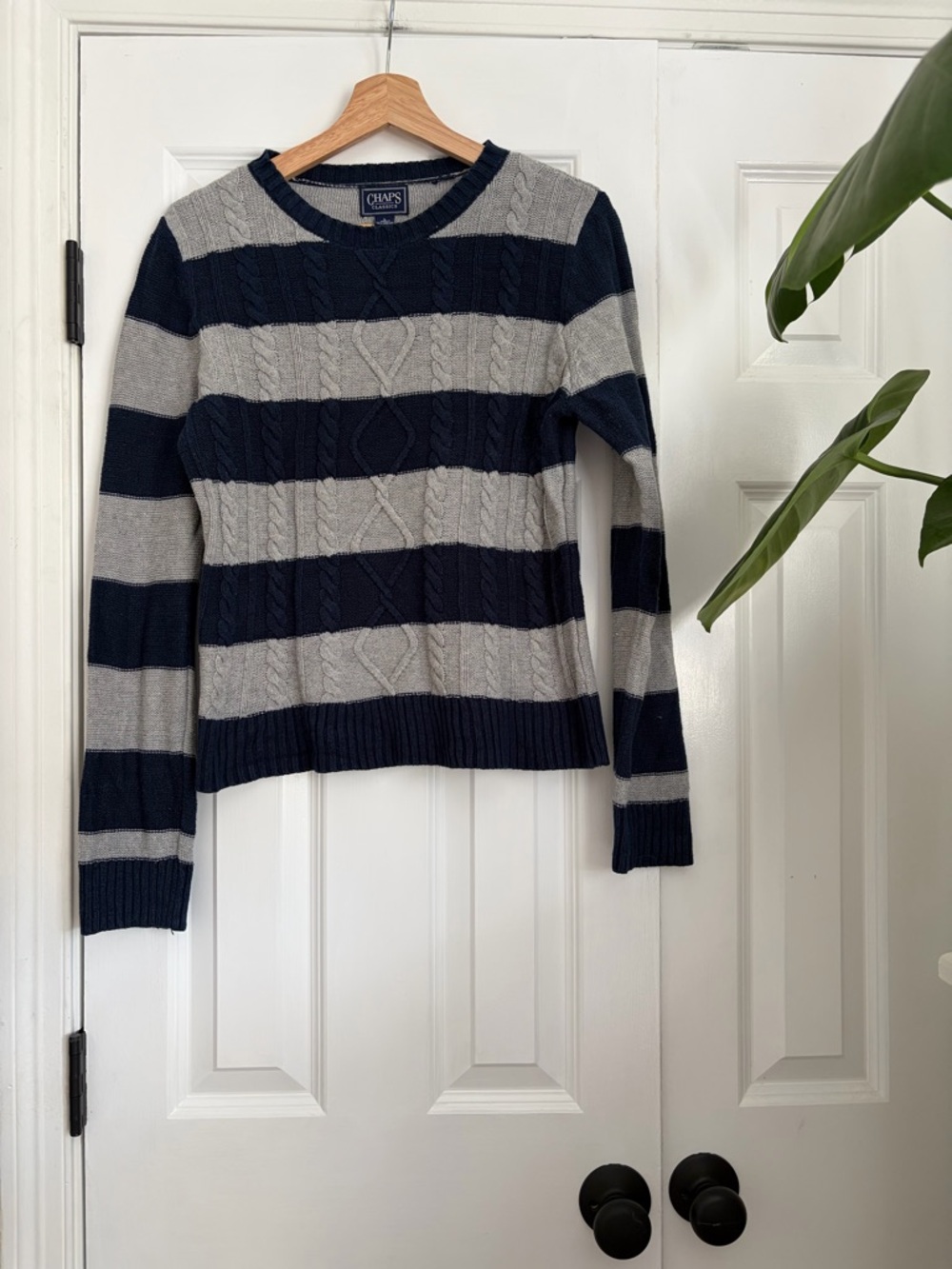 Chaps Navy and Gray Striped Cable-Knit Crew Sweater